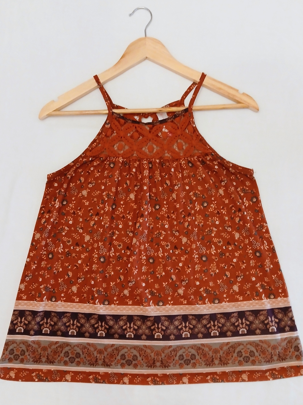 No Boundaries Boho Floral Lace Neck Halter Tank Top Rust Brown Size M 7-9